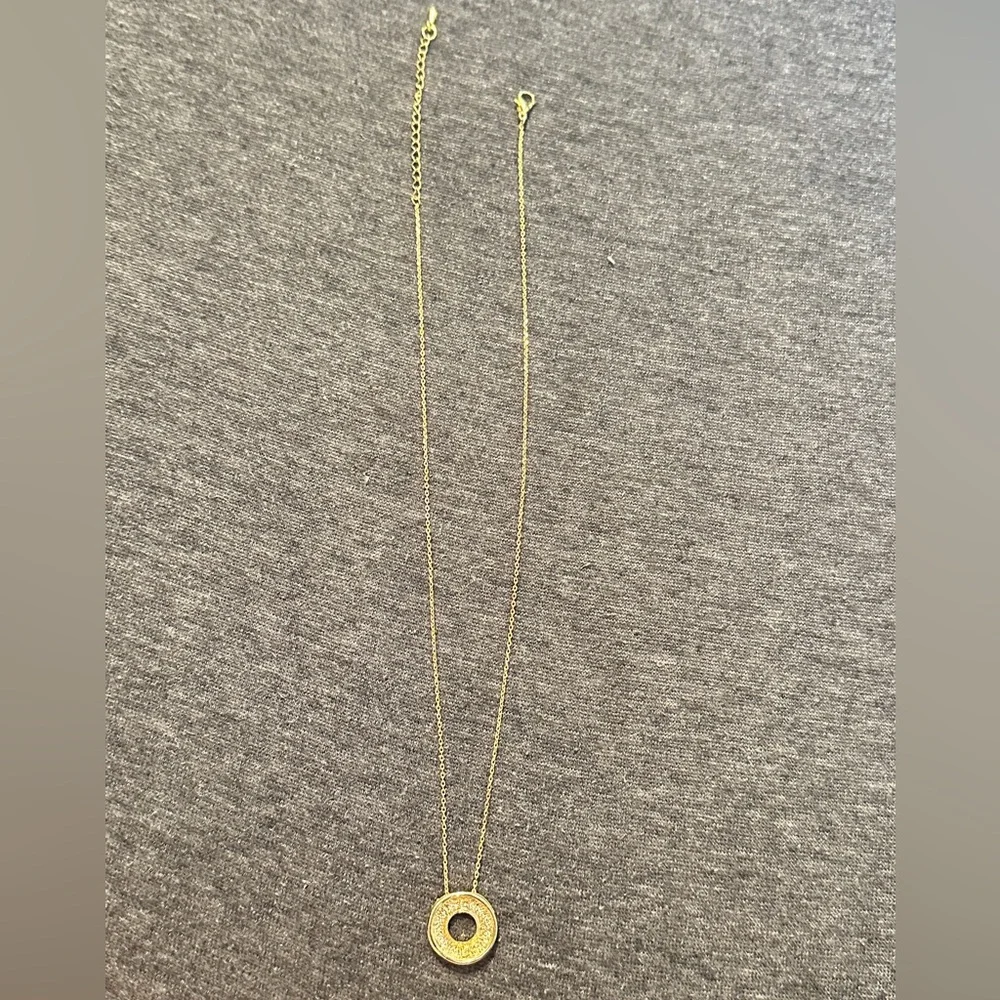 Rhinestone Circle/Donut Attached Pendant & Gold Chain Necklace, 16-20” Length - Picture 2 of 6